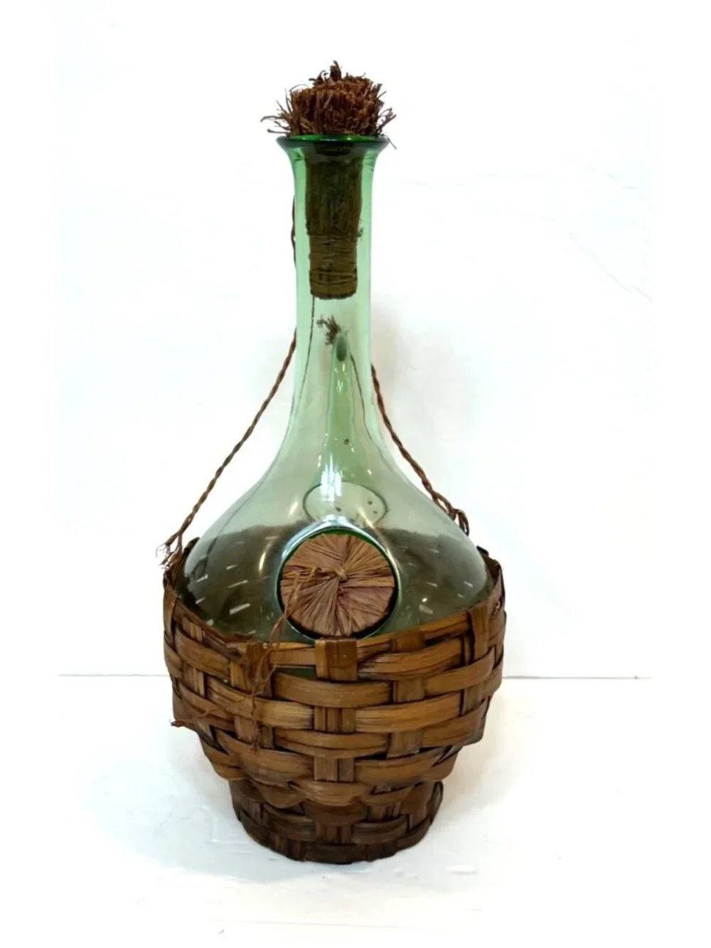 Vintage Green Glass Italian Decanter Woven Basket Mid Century Modern Barware
